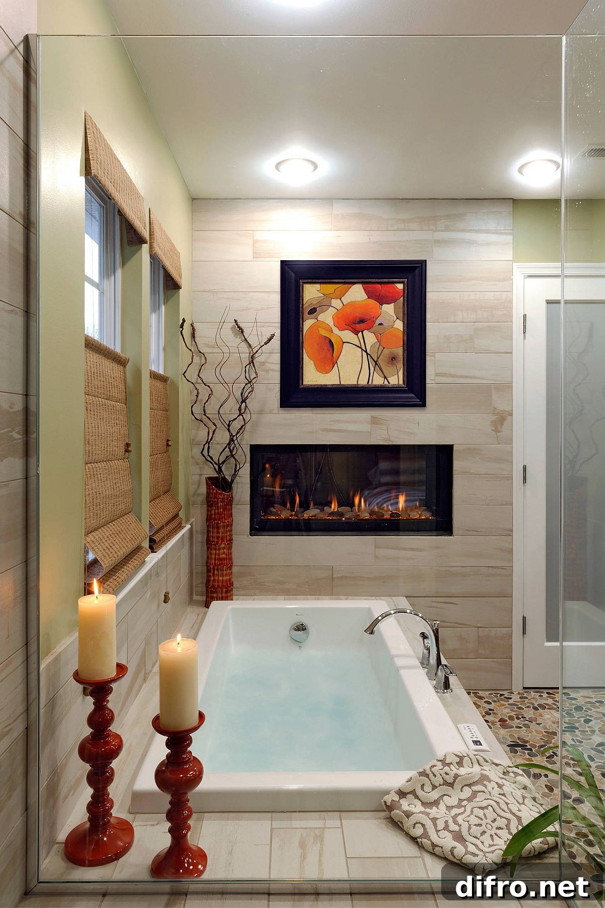 Slim modern fireplace in a bathroom