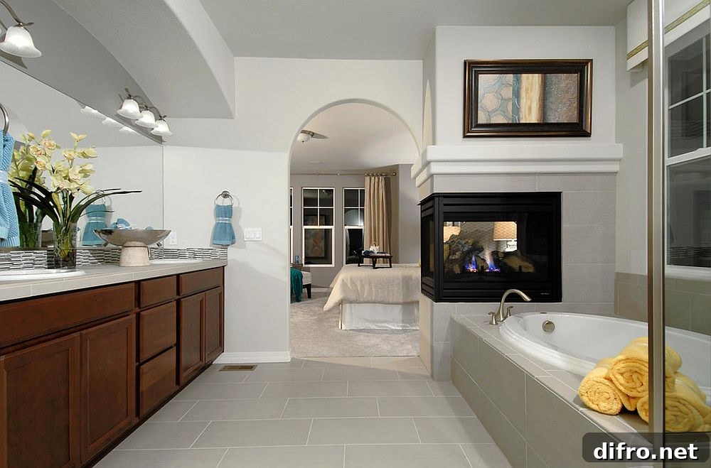 Two-sided fireplace between bedroom and bathroom