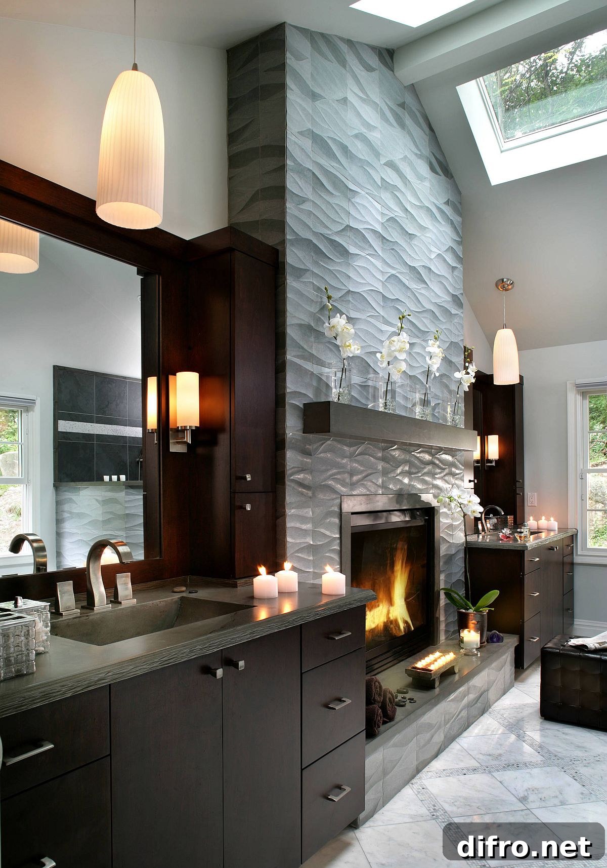 Grand spa-inspired bathroom with a beautiful fireplace