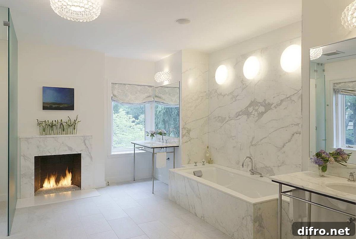 Monochromatic neutral bathroom with fireplace as focal point
