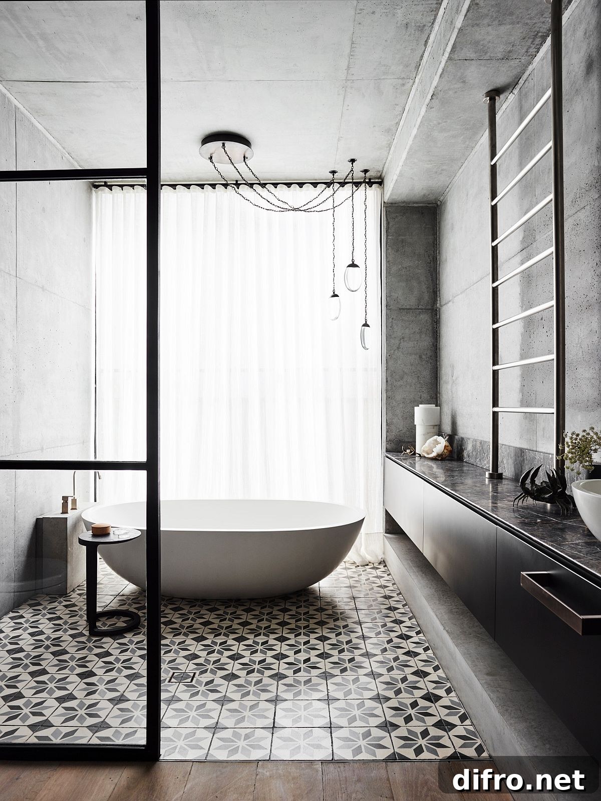 Modern minimal bathroom with polished freestanding bathtub