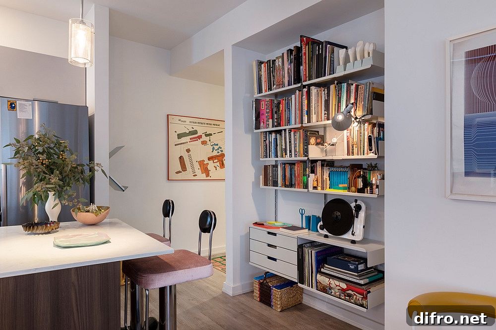 Space-savvy shelf in the small hallway that leads to the bedrooms from the kitchen