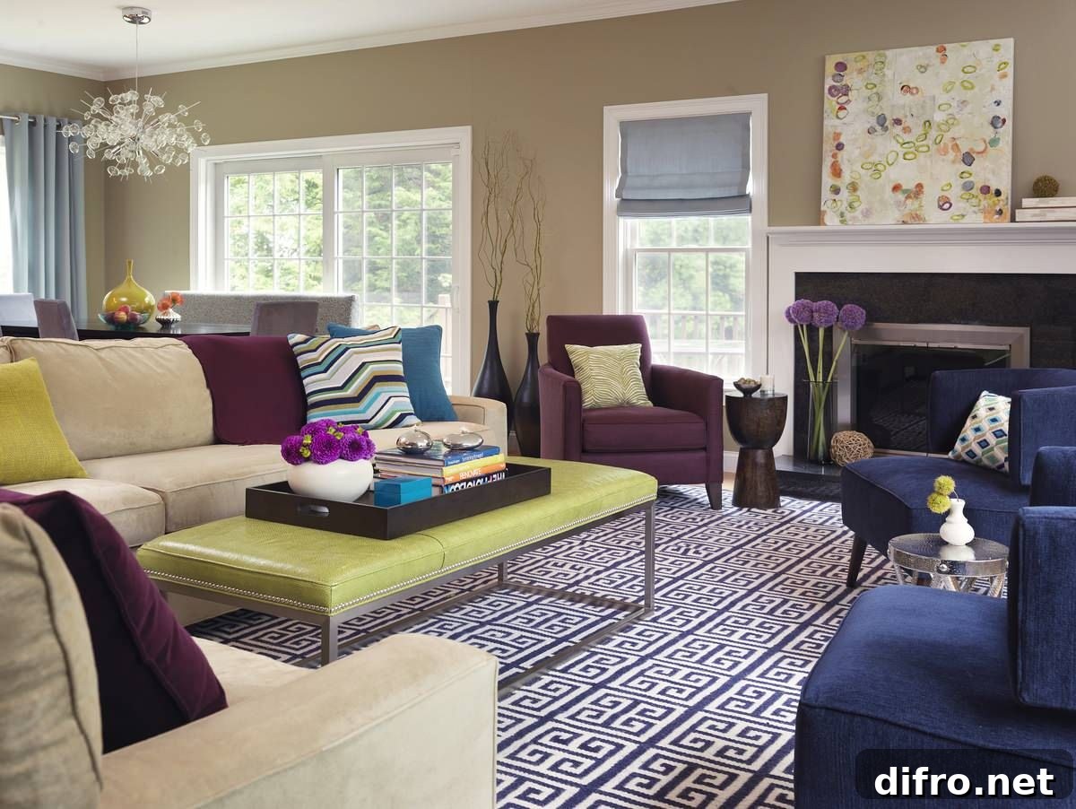 Living room with greige walls and colorful decor