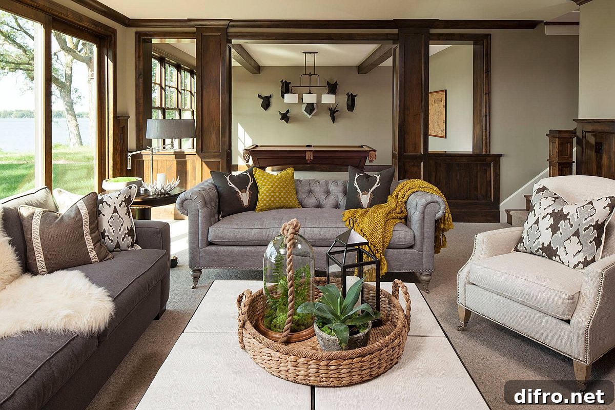 Rustic dining and living area with beige walls