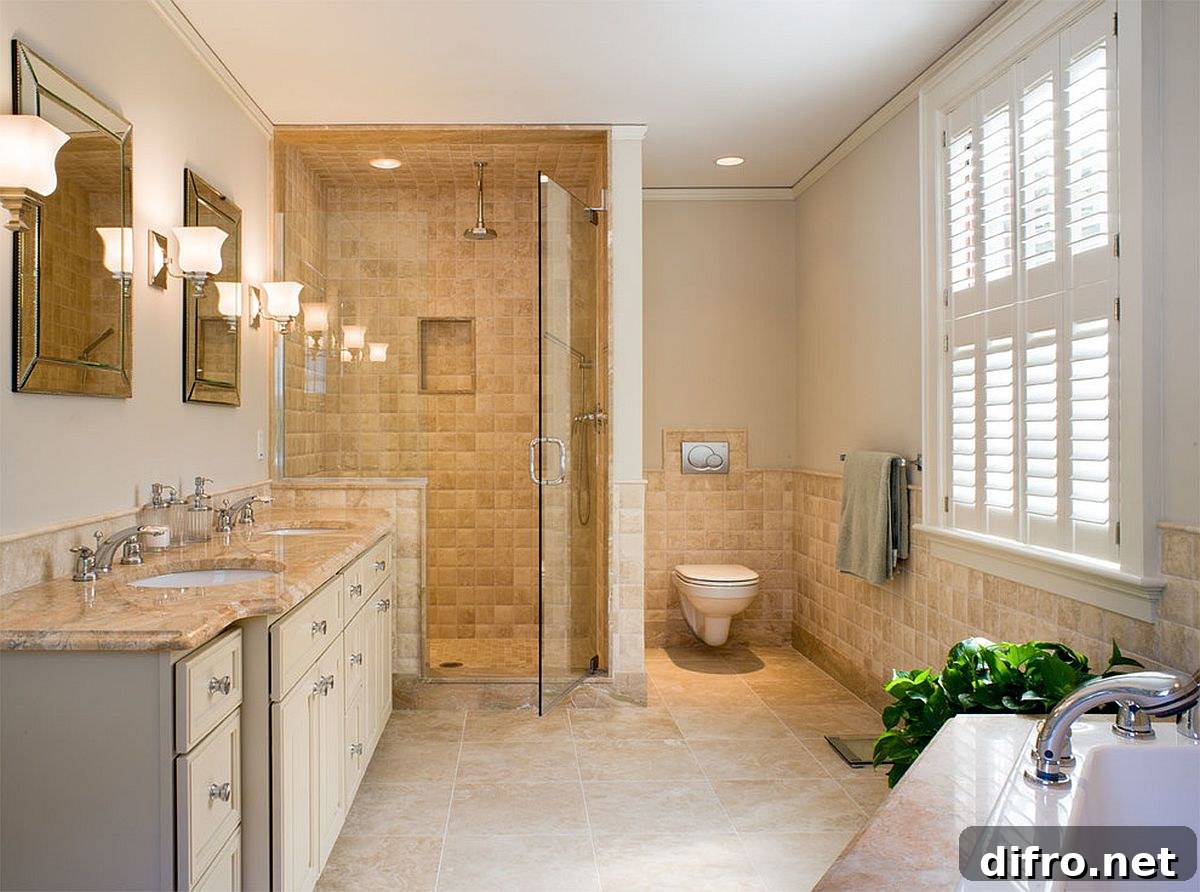 Stone floor adding beige tones to bathroom