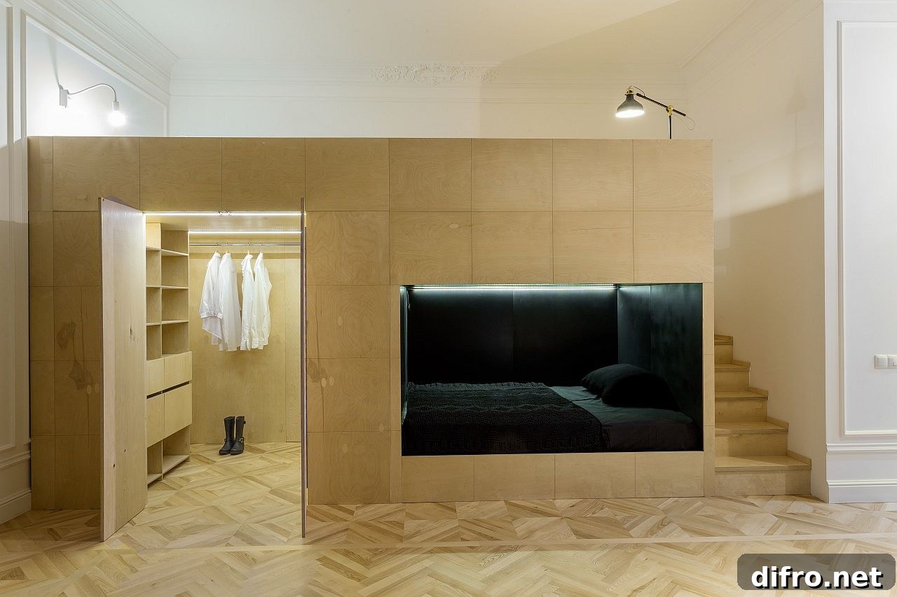 Bespoke wooden unit with sleeping areas and walk-in closet