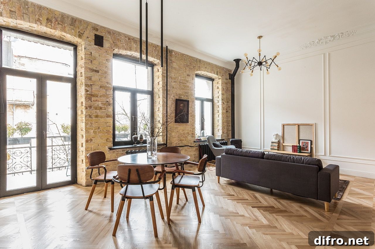 Exposed brick walls and arched windows