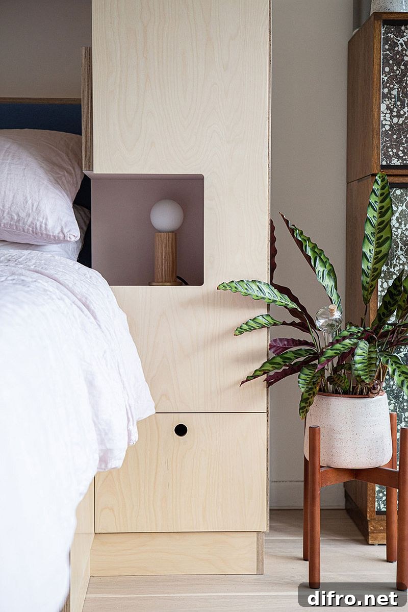 Custom wooden wall unit with niches and lighting