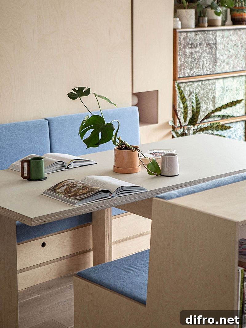 Wood and blue bench as focal point