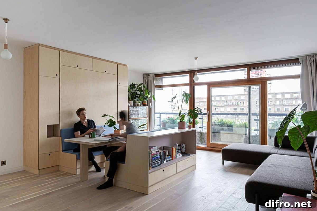 Bespoke wooden wall turns living room into dining, workspace and bedroom