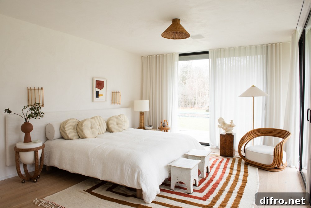 Bedroom with vintage rattan chair and warm rug
