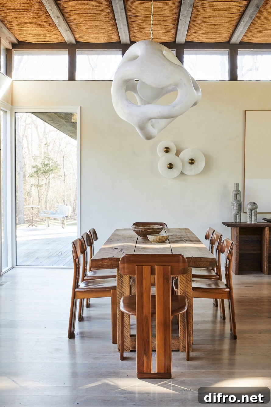 Biomorphic light sculpture over dining table