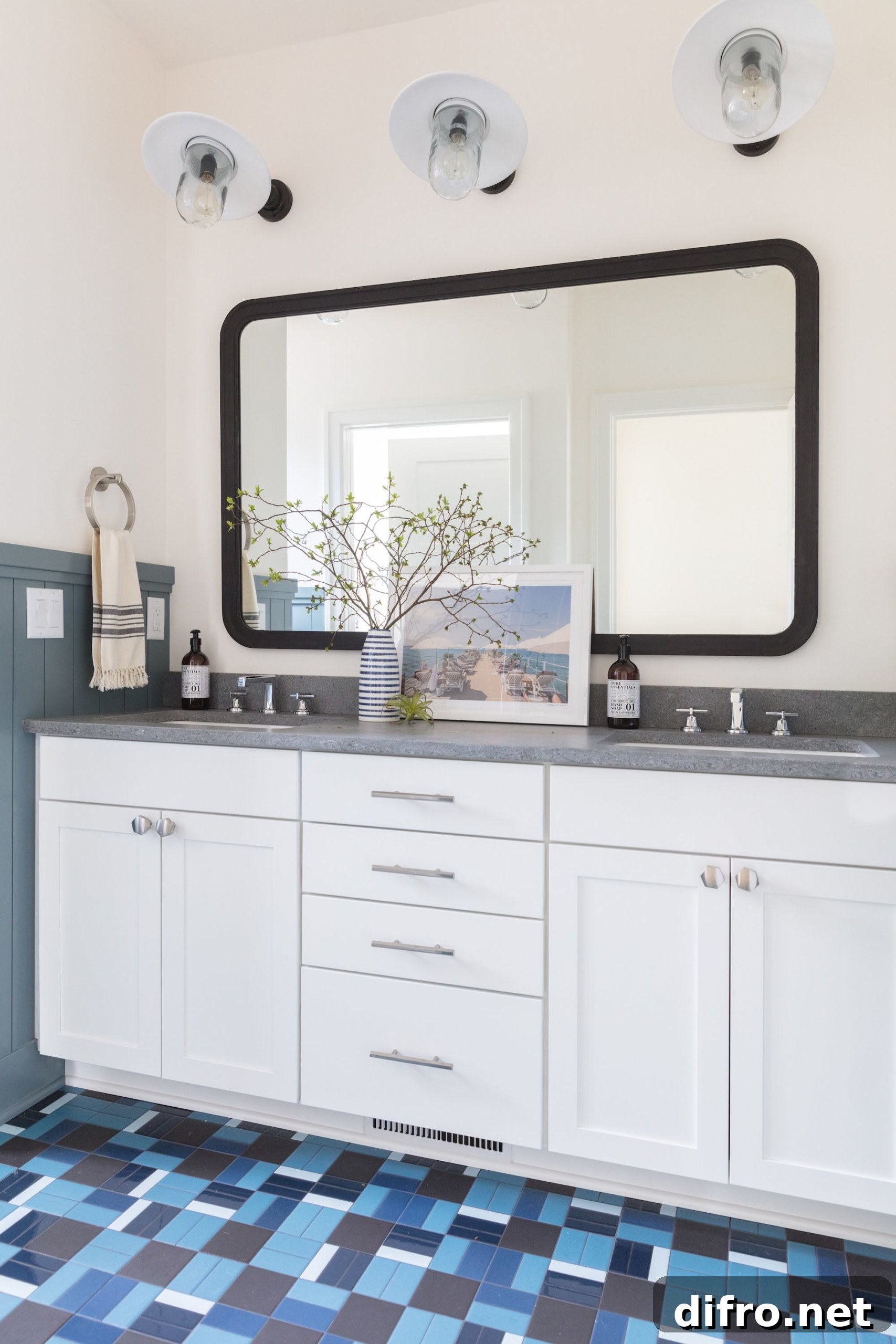 Vibrant blue tile in a vacation home powder room