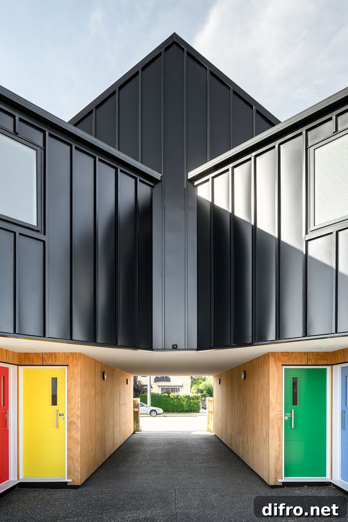Interior doors adding pops of color around a central area