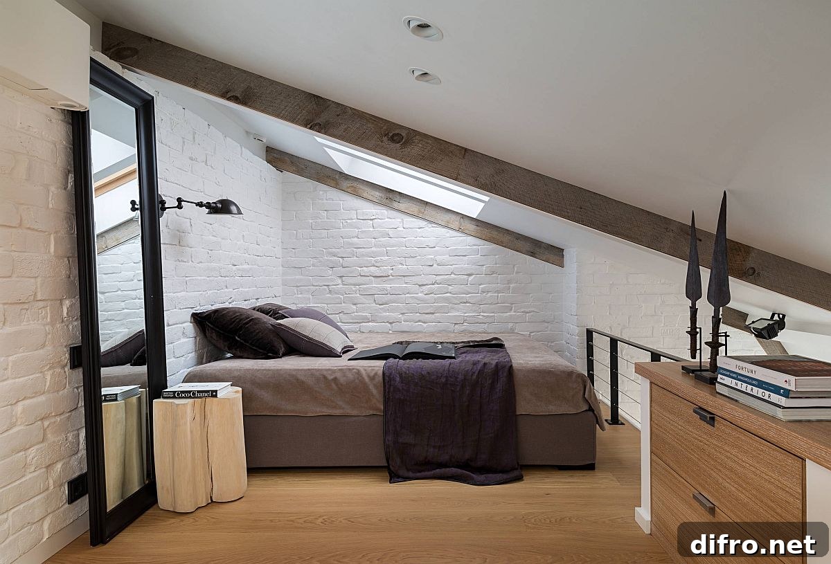 Ultra-small attic bedroom with mirror
