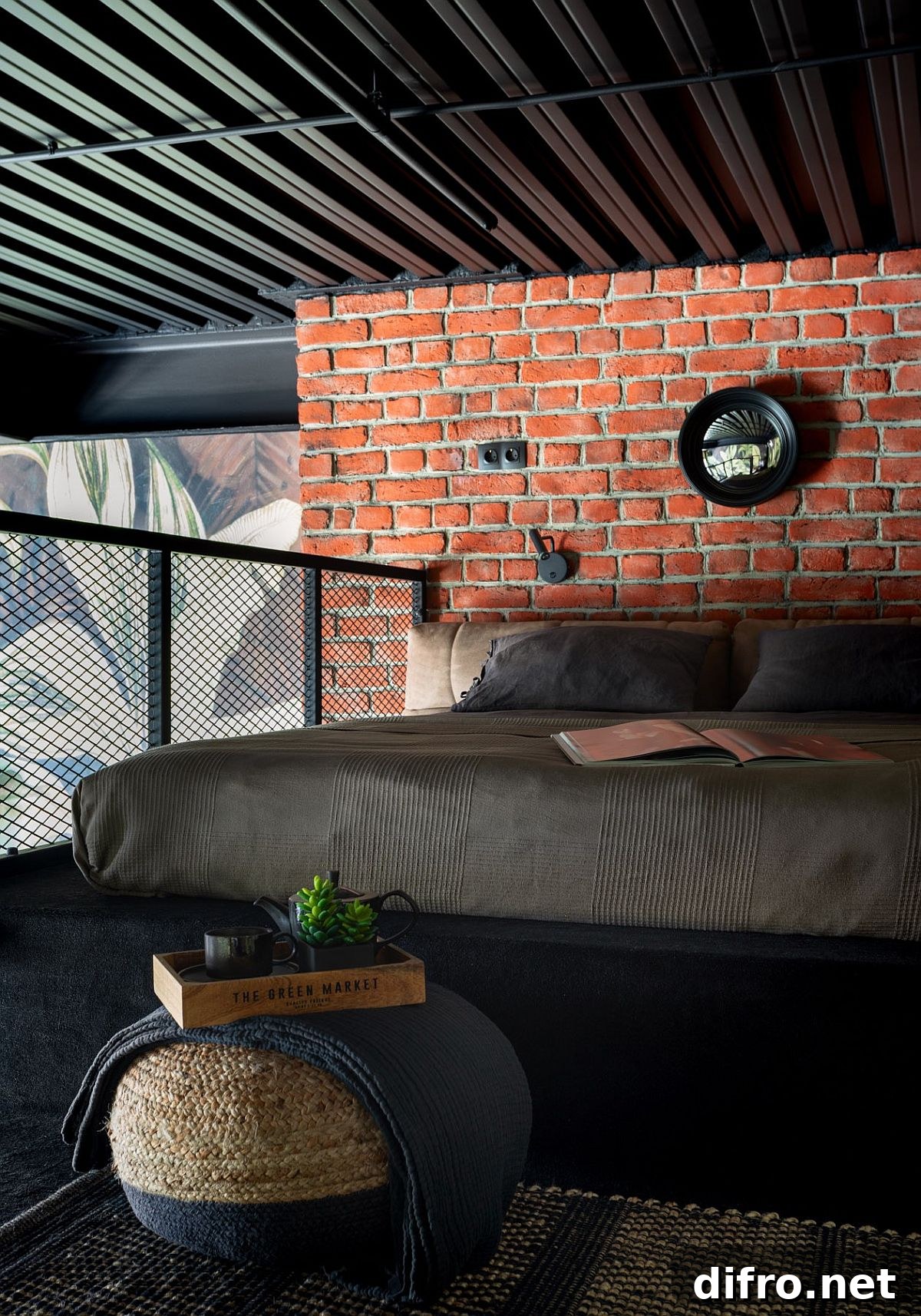 Brick wall with metal mesh