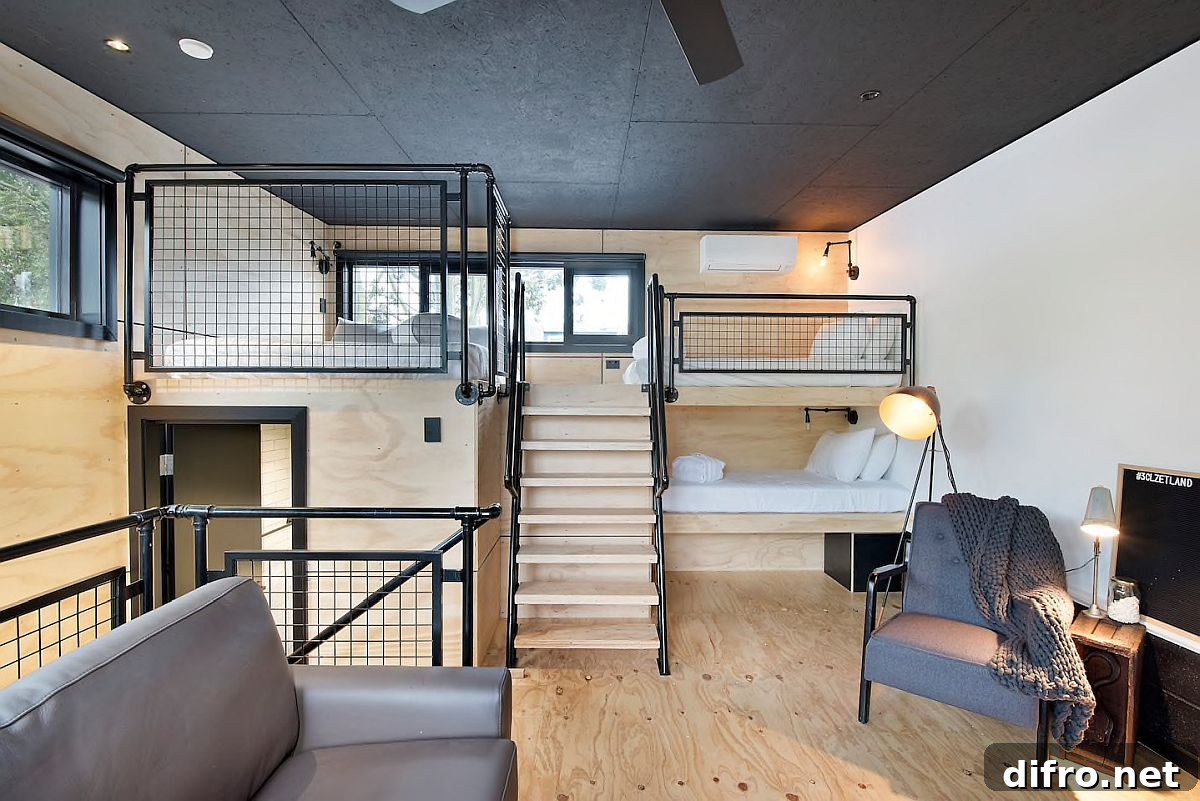 Attic modern industrial bedroom in wood and black
