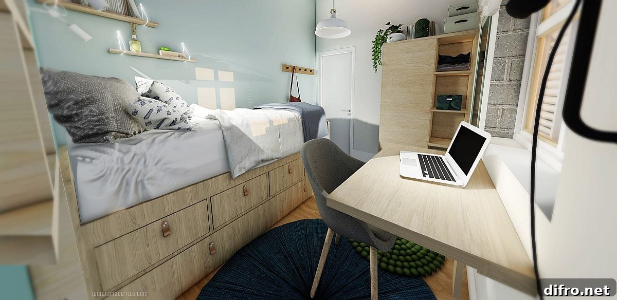 Tiny bedroom with workspace and storage