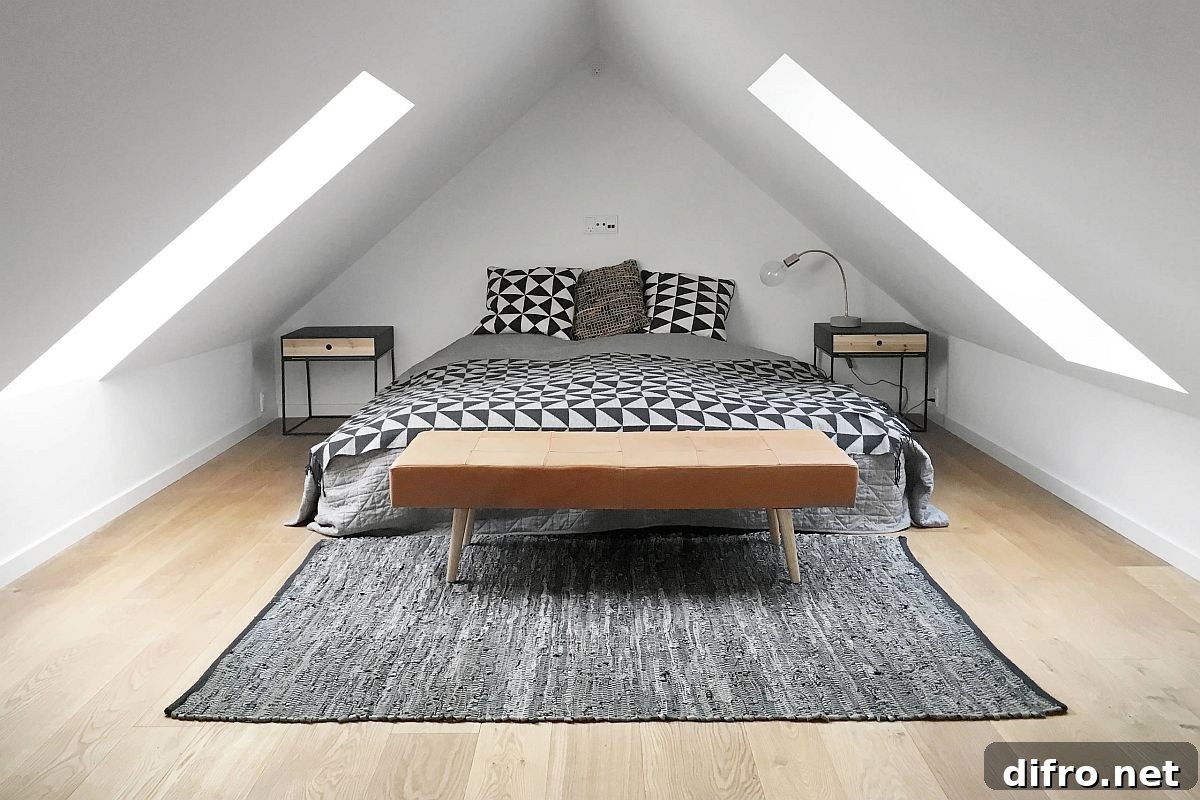 Modern industrial attic bedroom with natural light