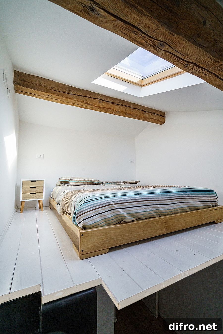 Skylight in tiny attic industrial bedroom