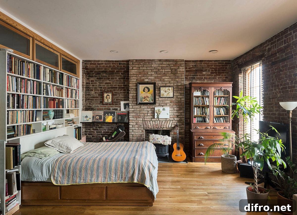 Large bookshelf in industrial bedroom