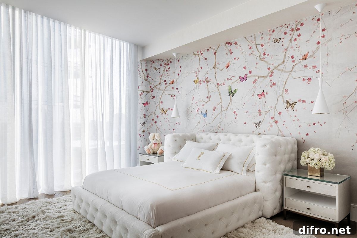 Monochromatic white bedroom with colorful wallpaper
