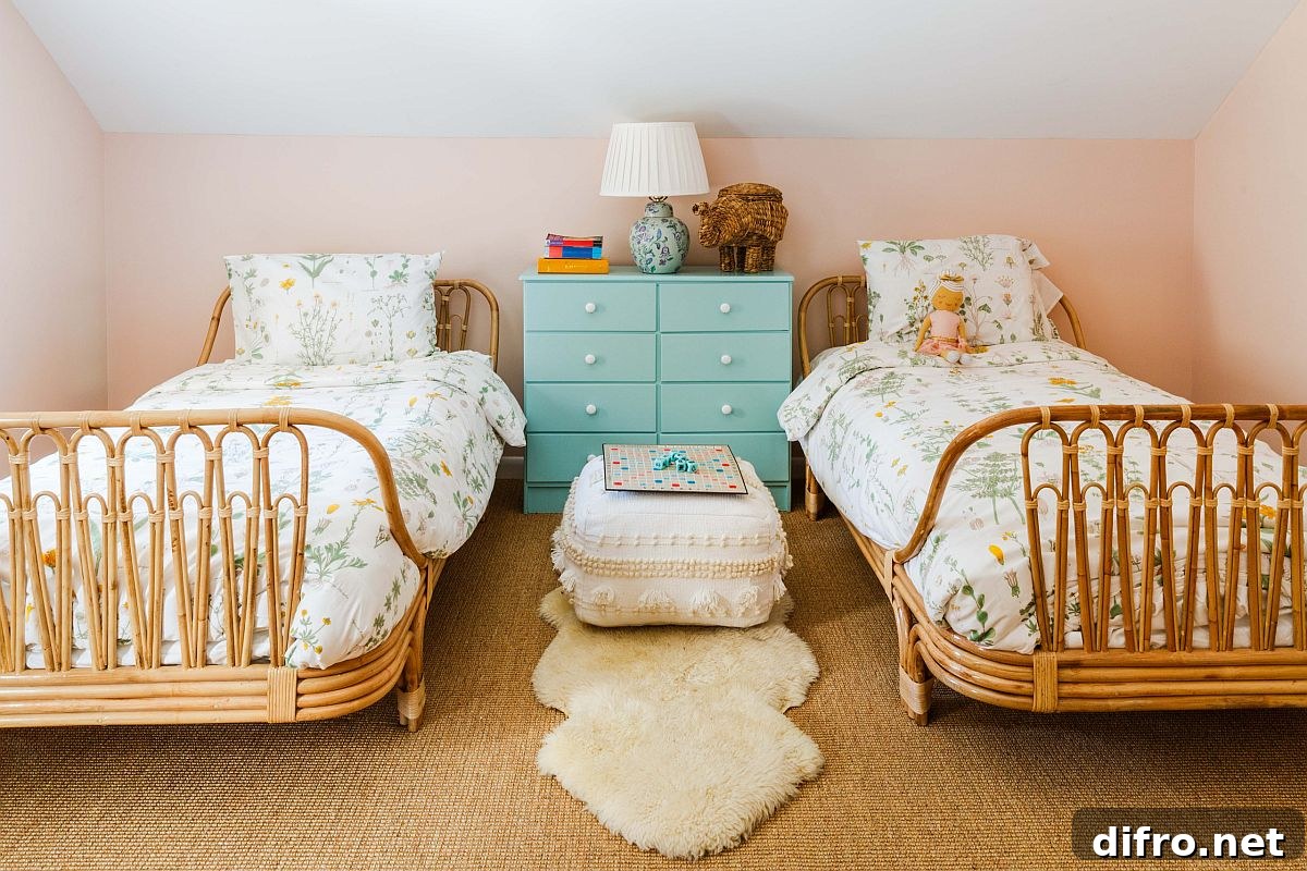 Shared girls' bedroom with twin rattan beds
