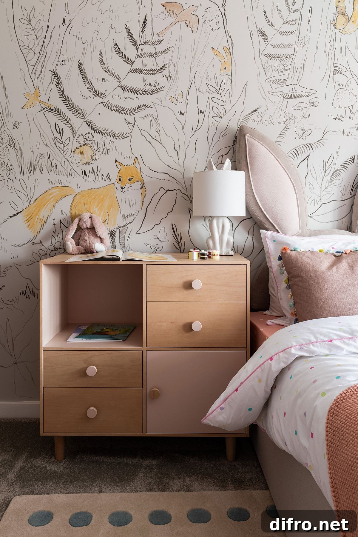 Wood-charm wallpaper in a contemporary girl's bedroom