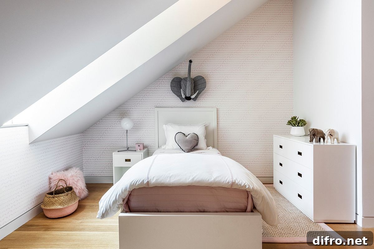 White attic bedroom with pastel pink accents