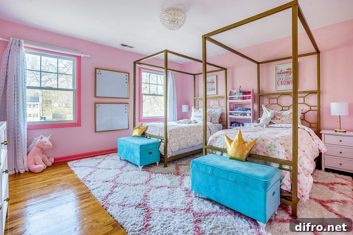 Contemporary girls' room with pink accents