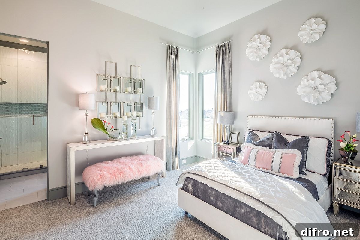 White and gray girls' bedroom with pastel pink accents