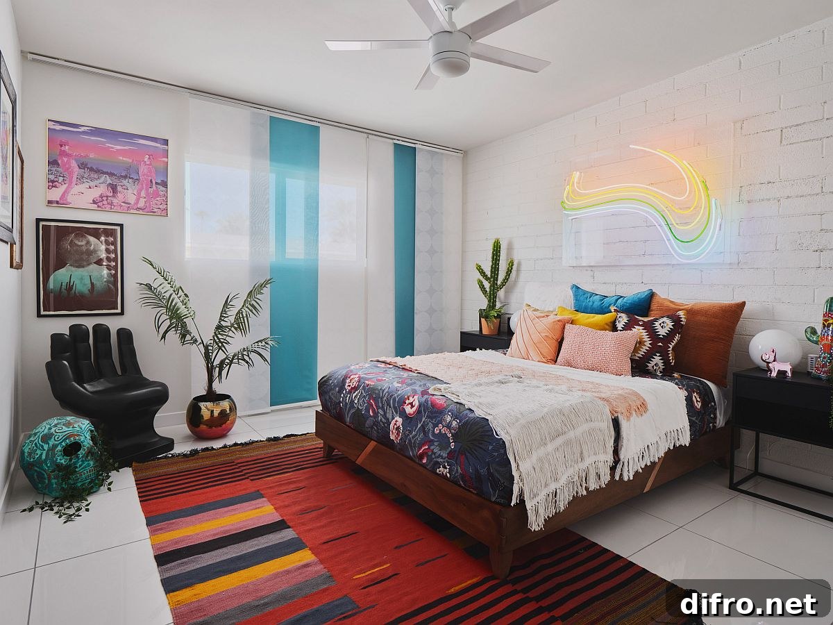 Neon lights and bold carpet in girls' room