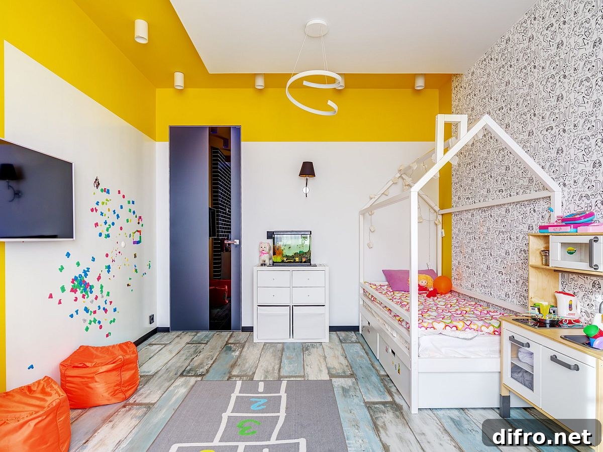 Yellow accents bring energy to girls' bedroom