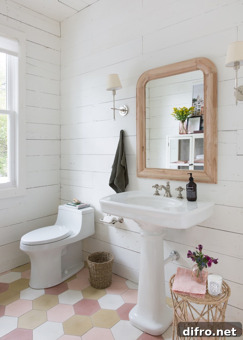 Wood framed mirror in a studio bathroom