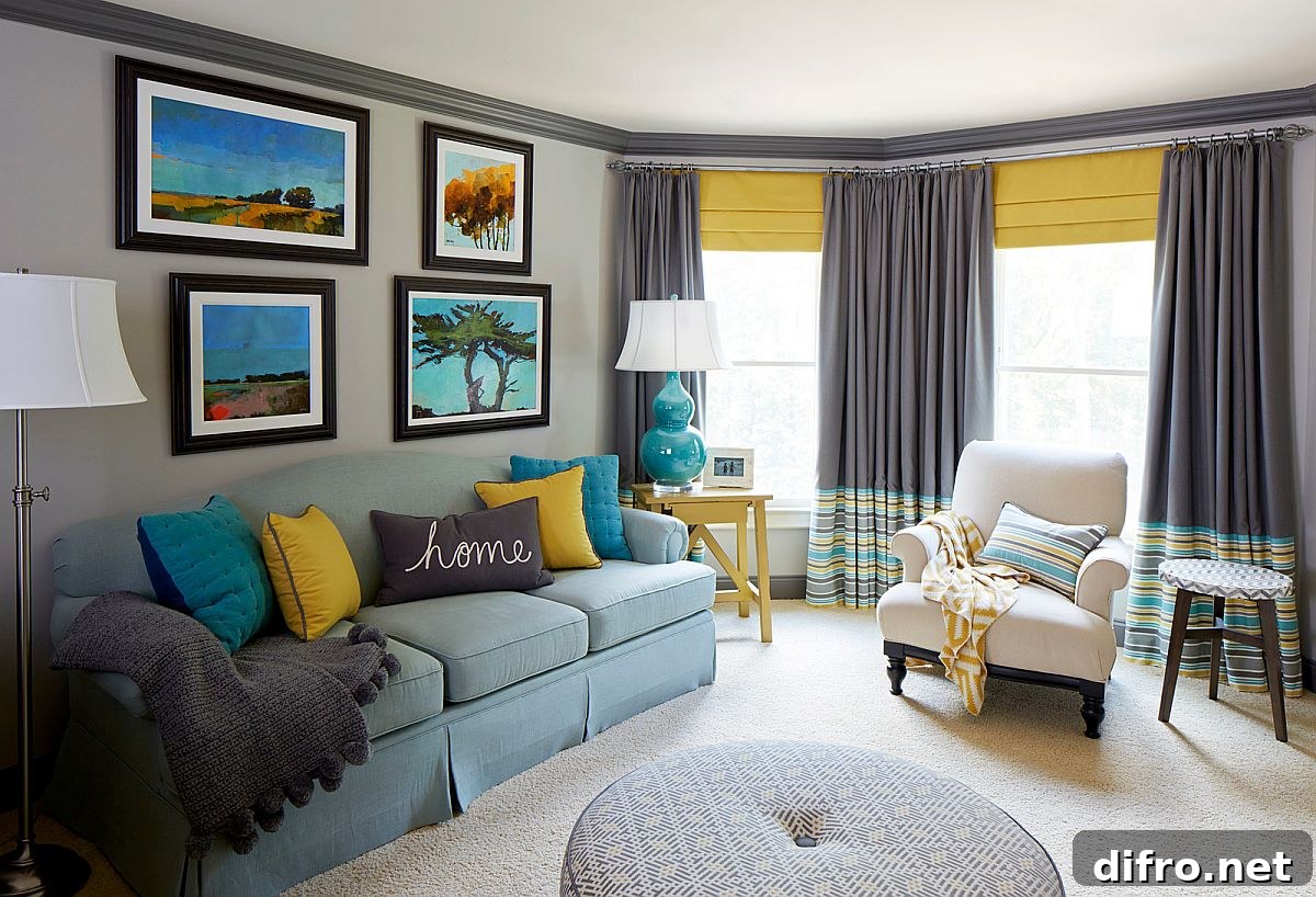 Gray living room with blue and yellow accents