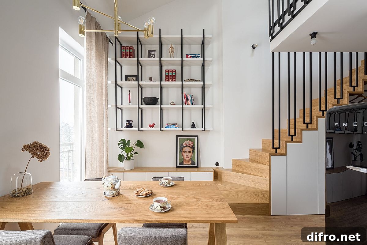 Open lower level of the small 52 sqm apartment in Lodz, Poland with a white and wood color scheme