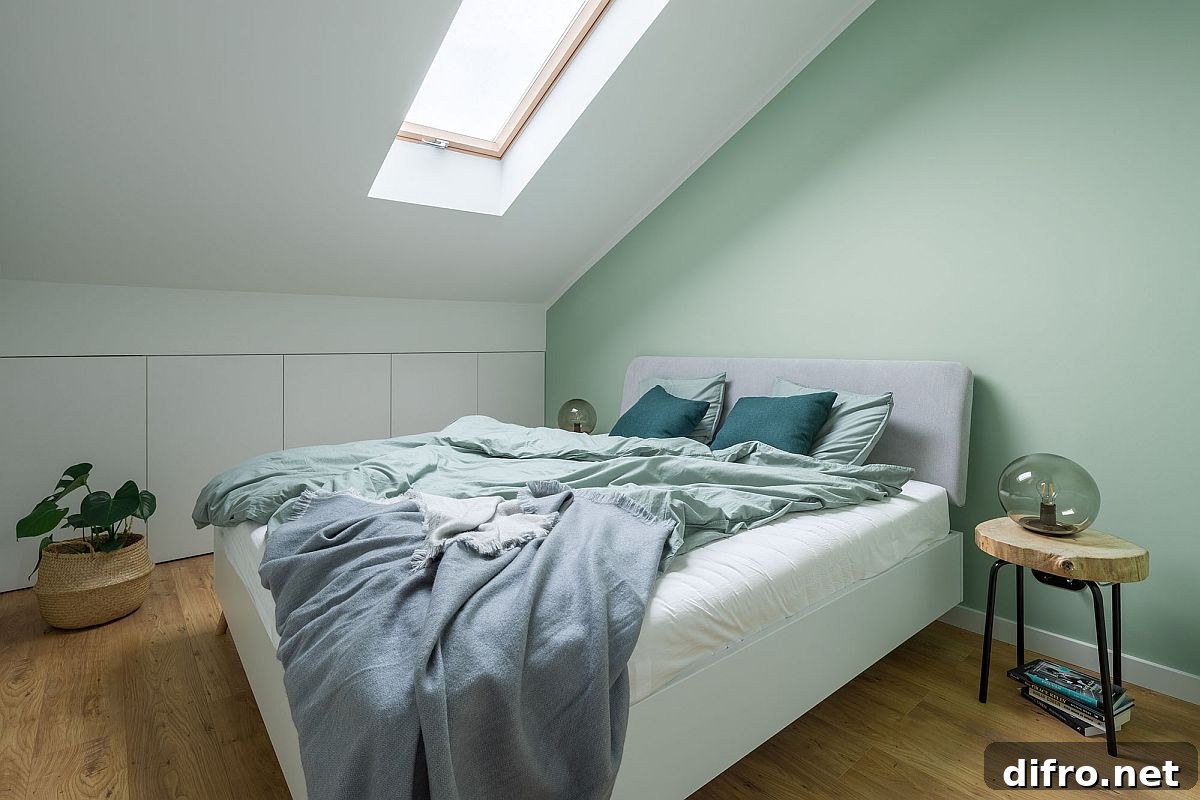 Fabulous modern bedroom on the attic level in mint green and white