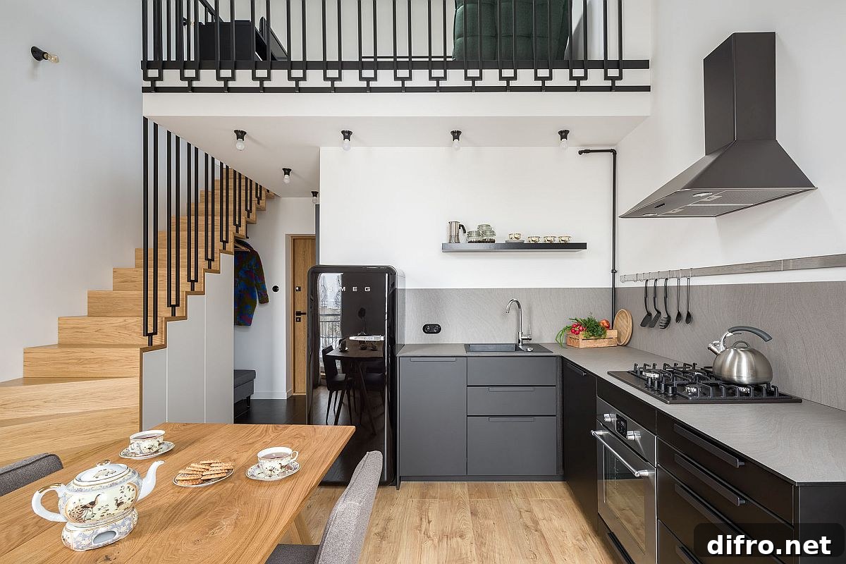 Kitchen with matte black finishes and gray countertops inside the small Polish apartment