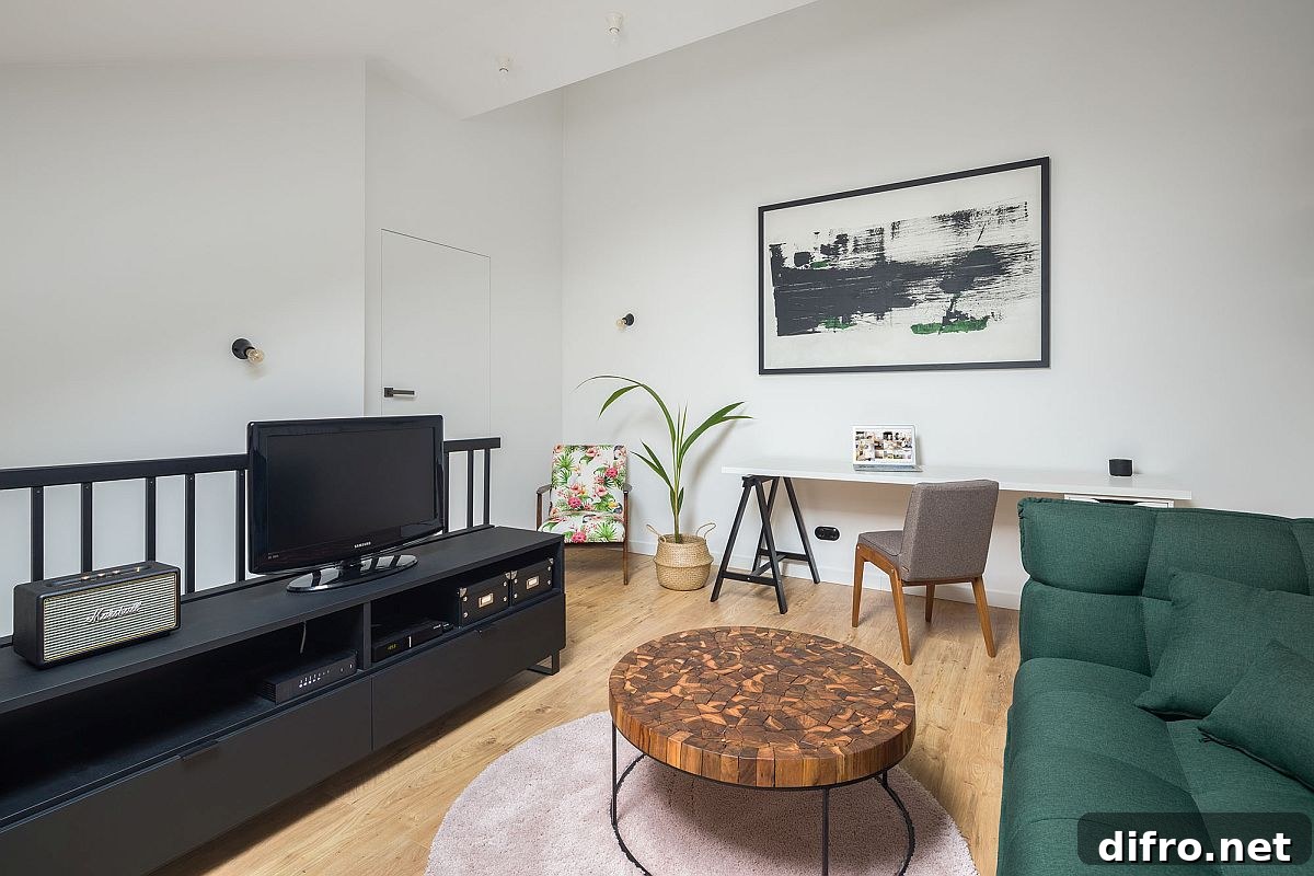Upper level living area of the home with colorful couch