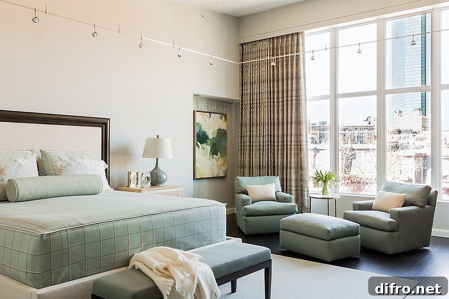 Master bedroom with pastel decor and matching bedding