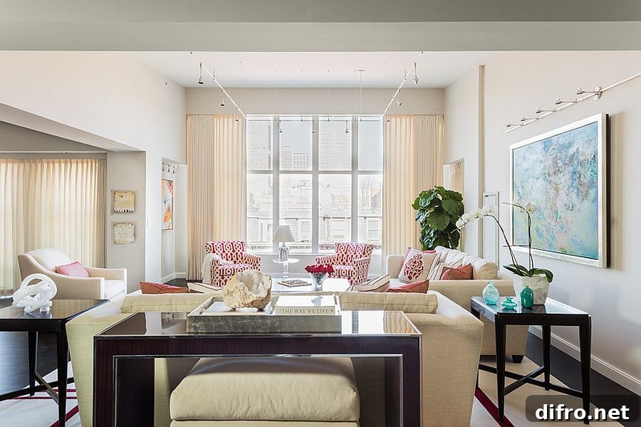 Large and spacious living area with colorful wall art
