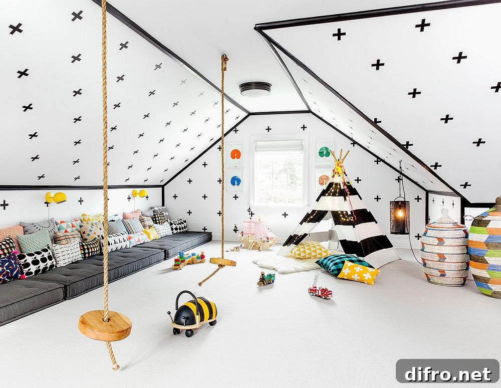 Stunning attic playroom in black and white