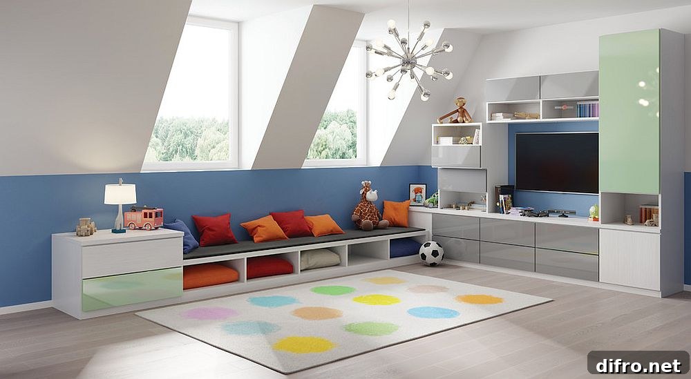Blue and white attic playroom with built-in seating