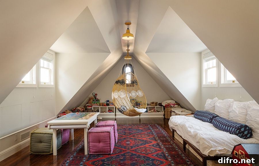 Shabby chic attic playroom that doubles as guest bedroom