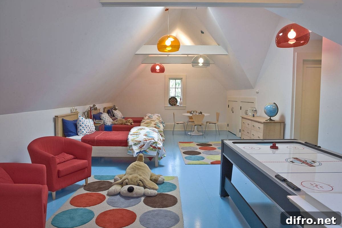 Colorful attic playroom with pendant lights