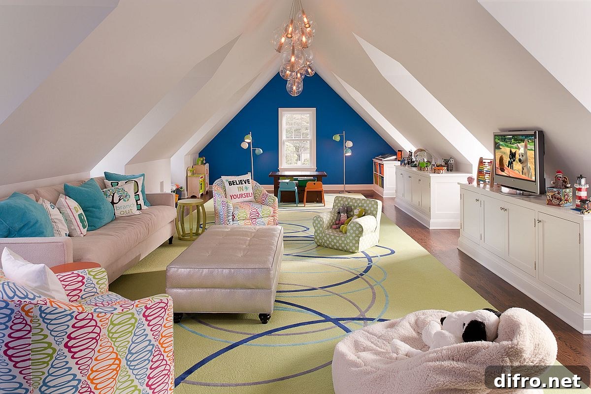 Large attic playroom with seating and blue accent wall