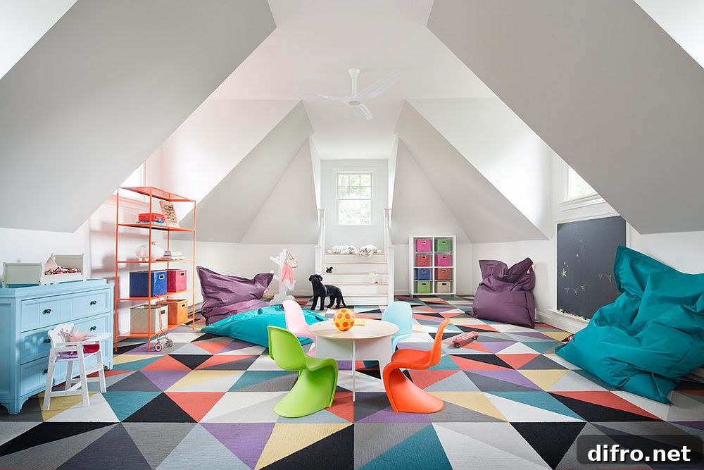 Multi-colored rug in attic playroom