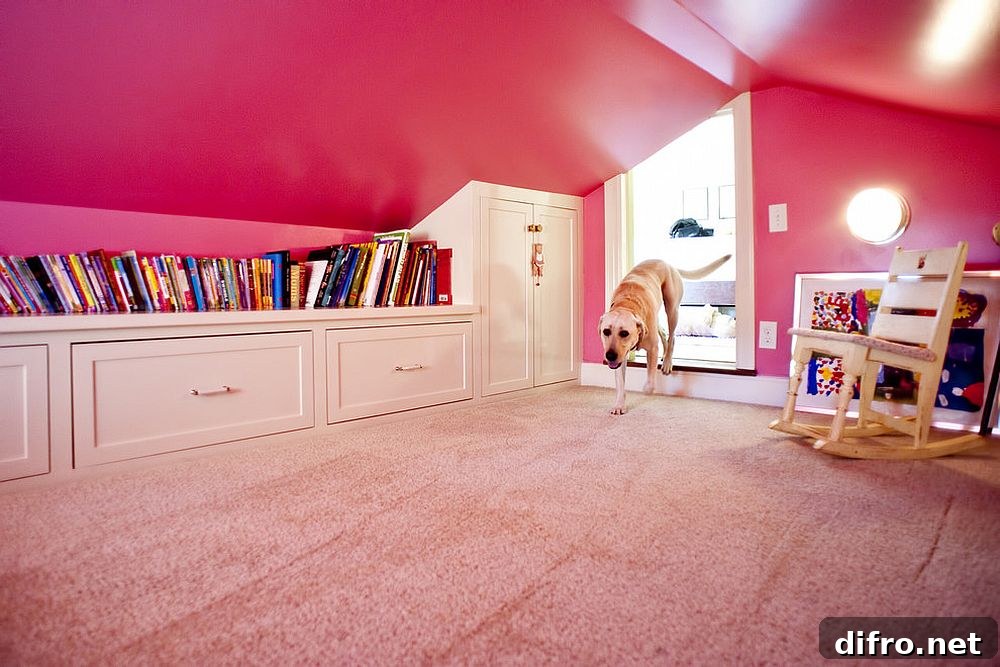 Girls' attic playroom with built-in shelving and pink walls