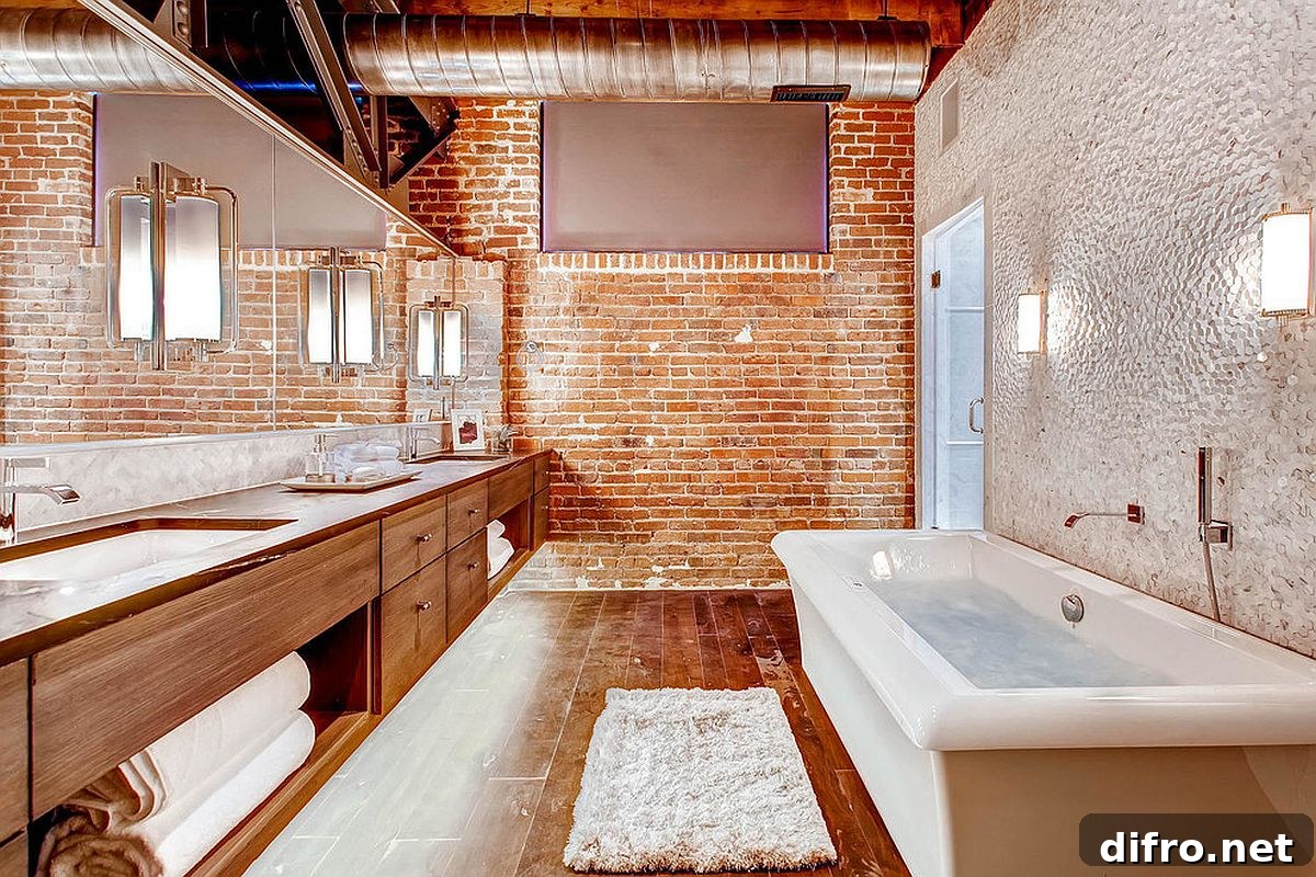 Modern industrial bathroom with brick wall and wooden vanity along with bathtub in white