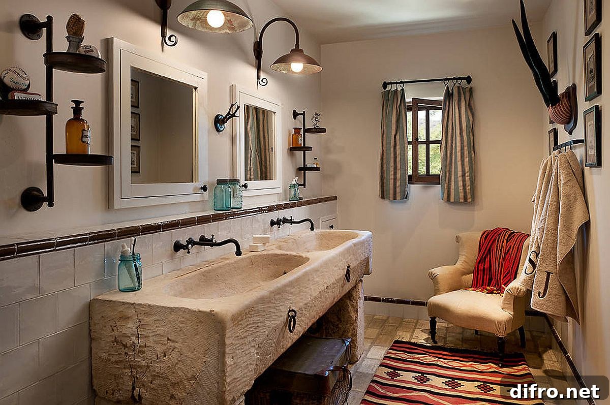 Re-purposed horse trough and antique fixtures make the biggest impact in this white bathroom